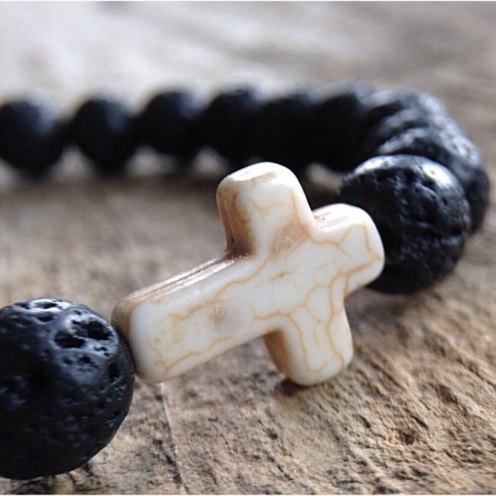 White Cross Black Lava Stone Beaded Bracelet 8mm beads - Size 8 inches - Picture 2 of 4